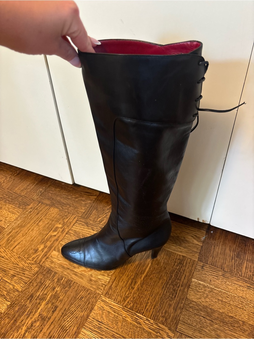 Salvatore Ferragamo Black Leather Knee-High Boots with Red Interior